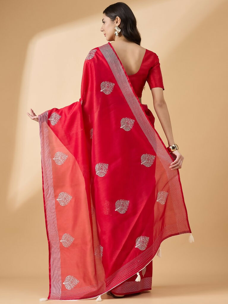 Red Cotton Blend Thread Embroidered Saree with Unstitched Blouse - Satya