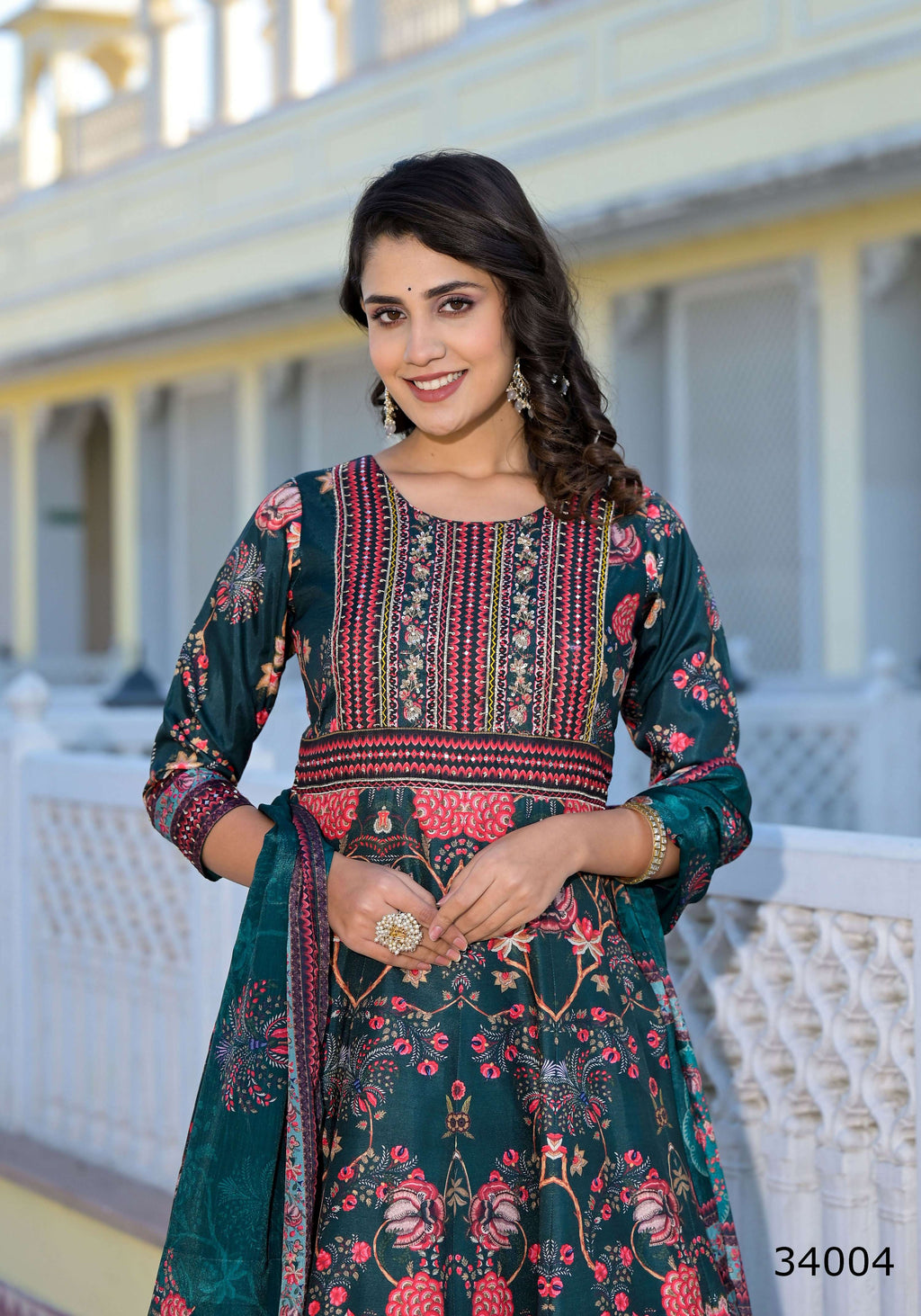 Partywear Designer Green Dola Silk Anarkali suit with Dupatta - Suzen