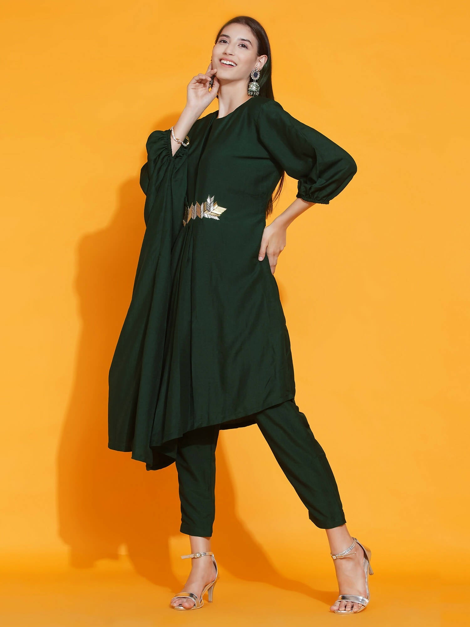 Women Republic Green Fusion Style Kurta With Hand Embellishment And Pants