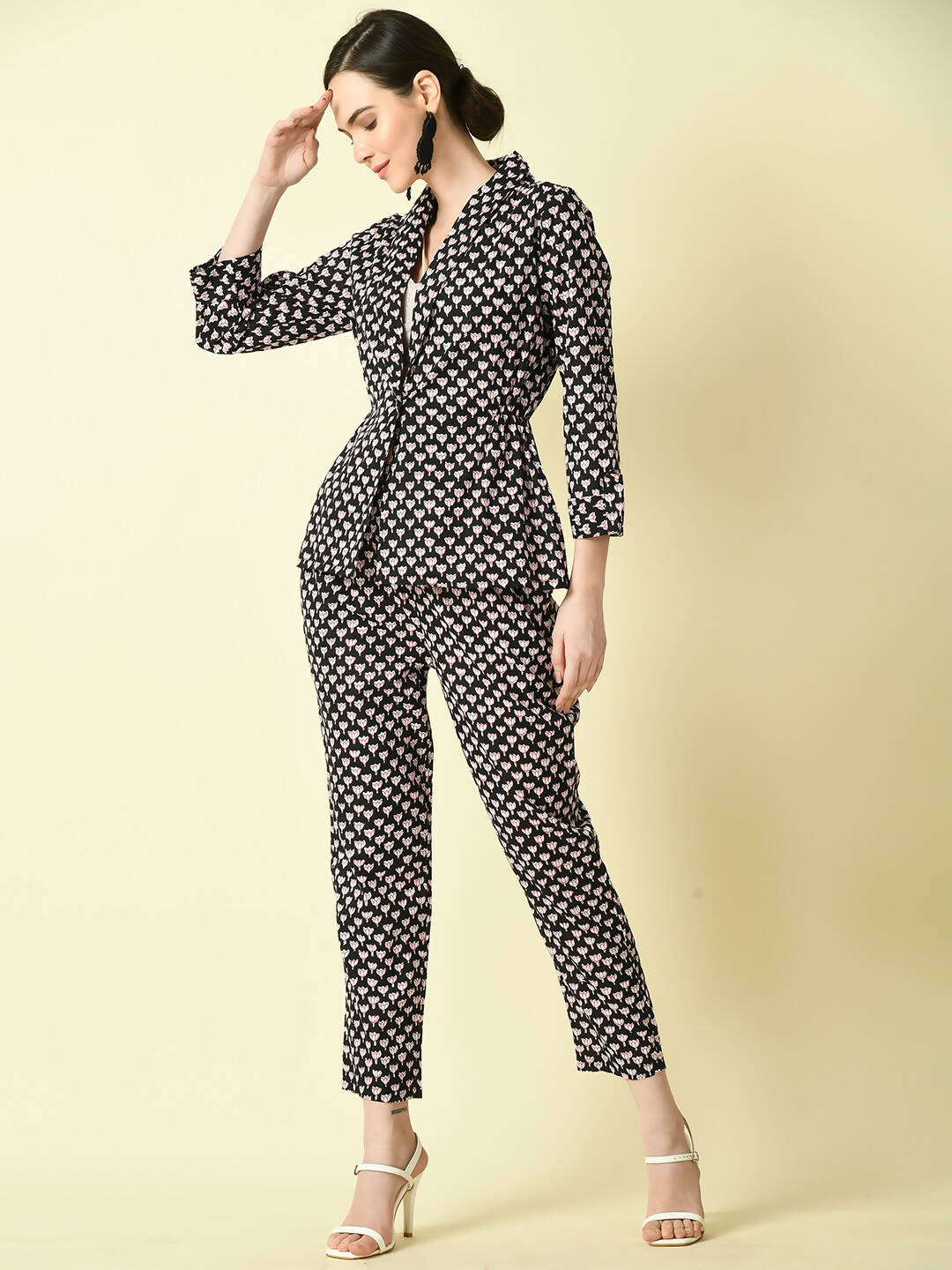 Myshka Women's Black Shawl Neck Coat With Trousers