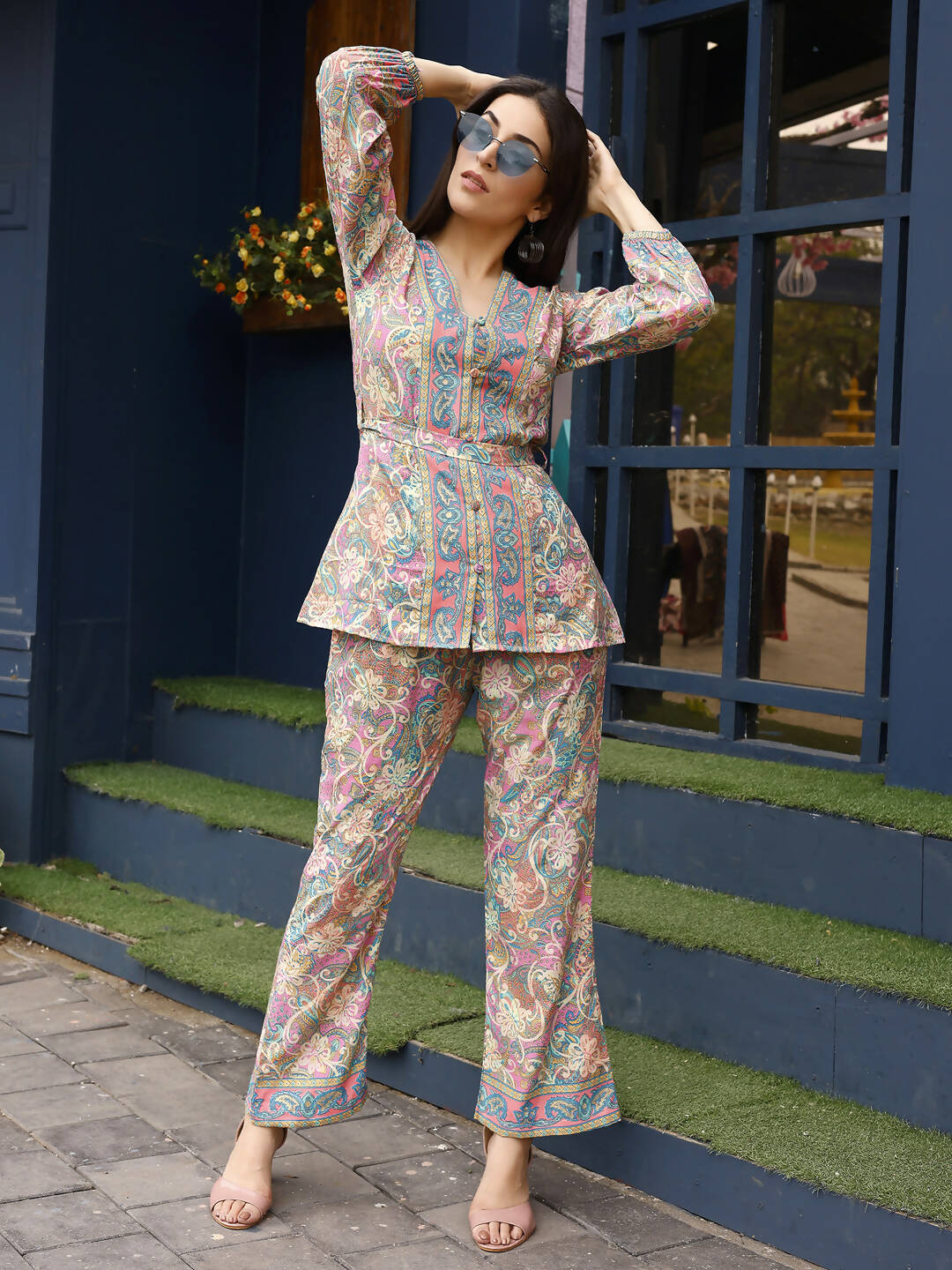 Pink Rayon Paisley & Floral Printed Top with Matching Bottom - Eesha