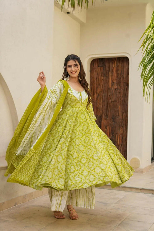 Aayaa Designer Printed Muslin Suit - Parrot yellow