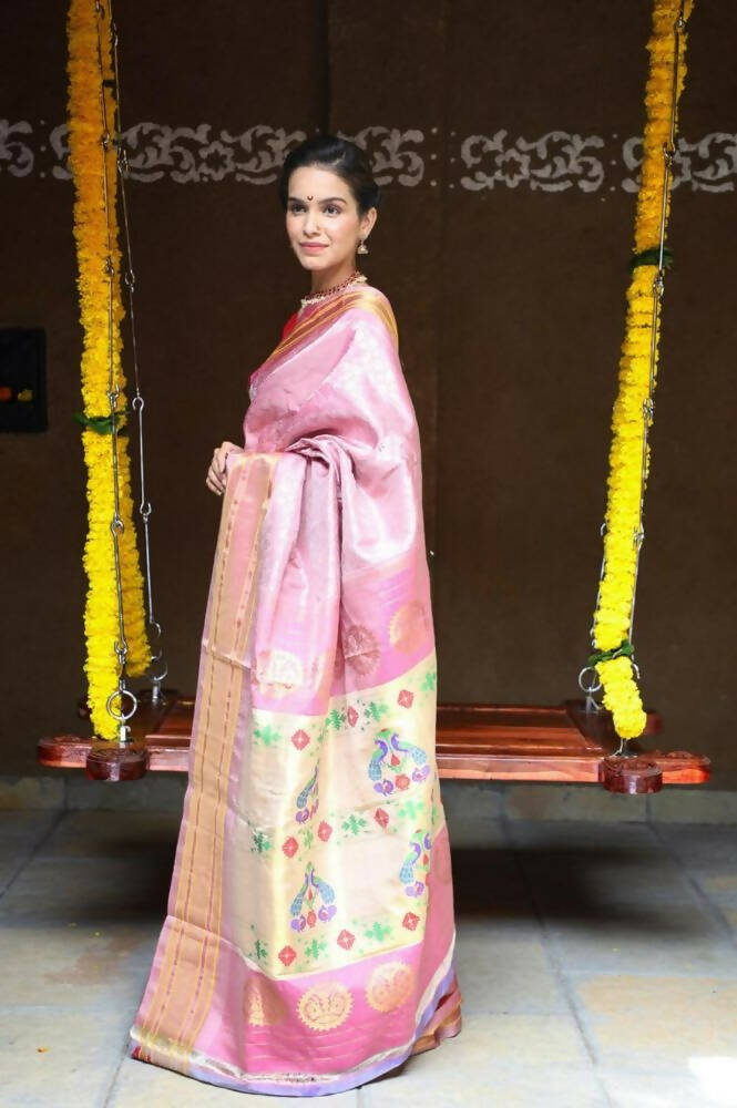 Very Much Indian Silk Handloom Maharani Paithani In Rich Pearl Pink With Silver Zari Brocade