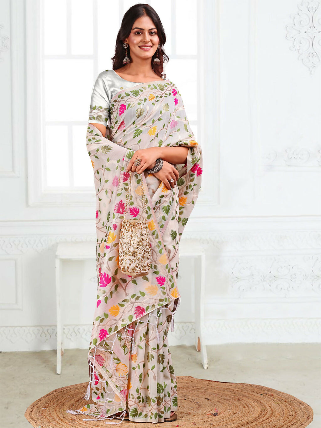 Shree Shyam Fashion Linen Cotton White Saree