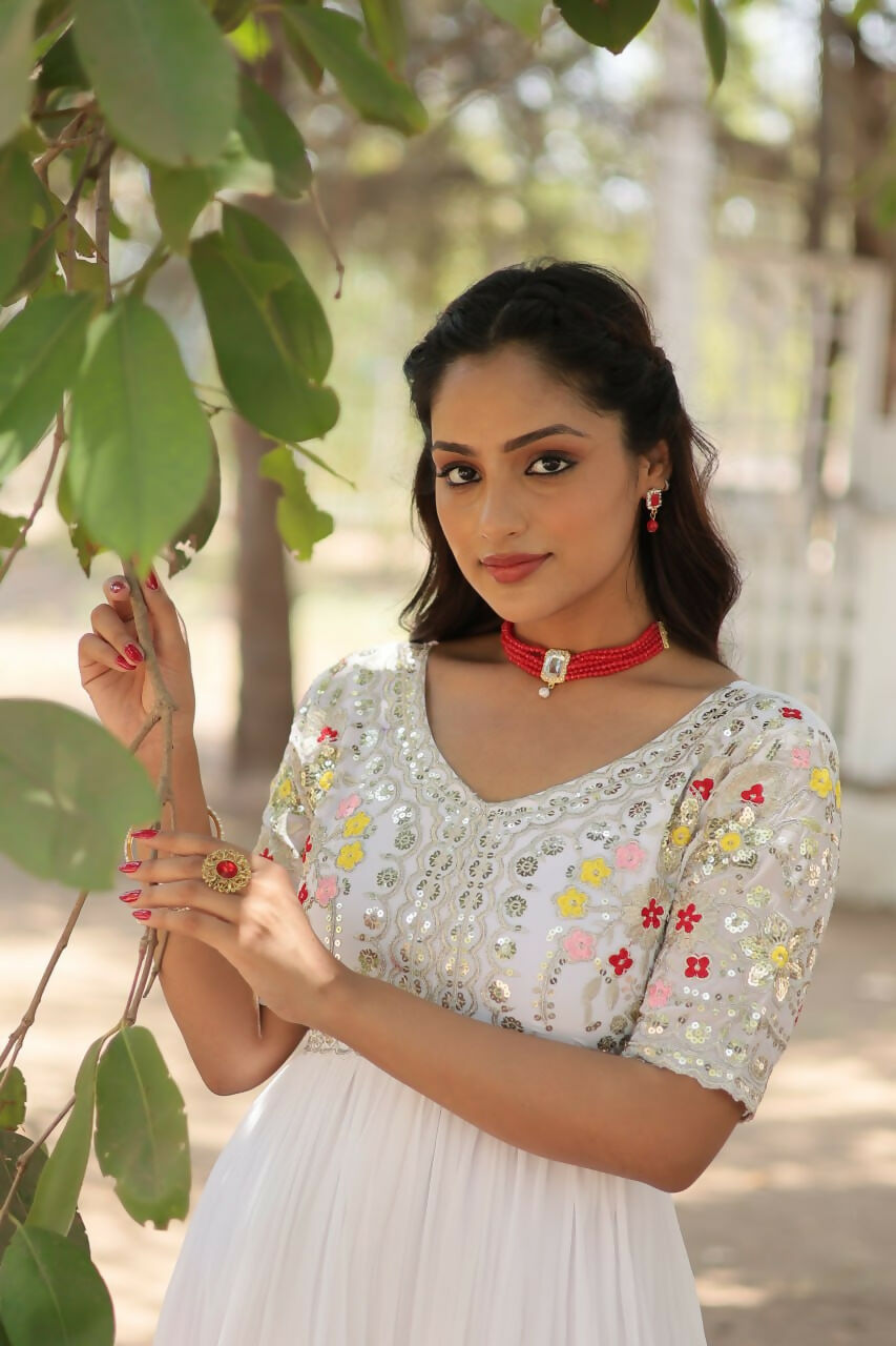 Vastranavya Faux Blooming with Embroidery Zari Sequins-work Gown - White