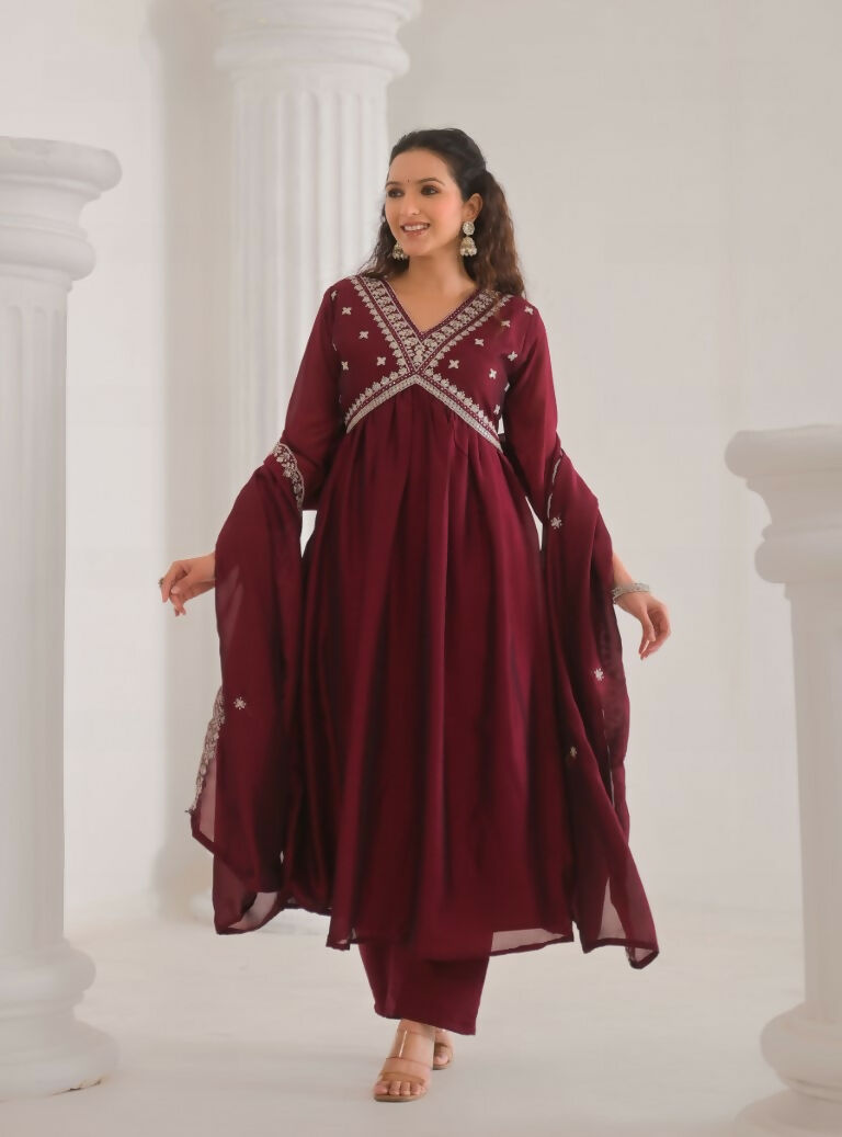 Ethnic Festive Wear Vichitra Silk Wine Stitched Suit With Dupatta - Tanisha