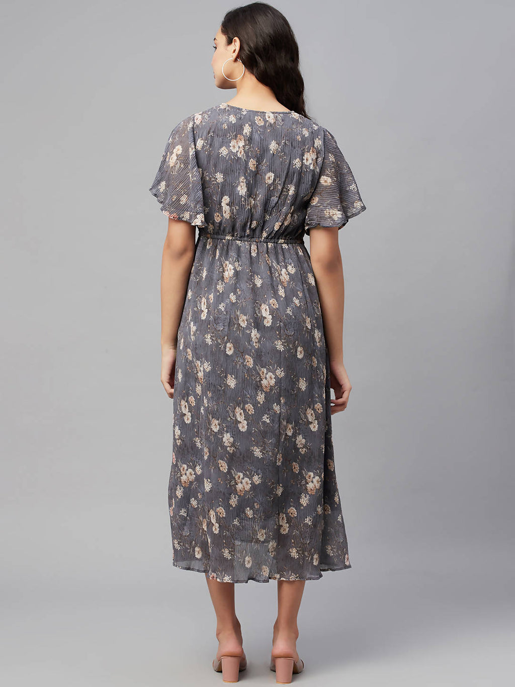 Myshka Women Grey Printed Half Sleeve V Neck Dress