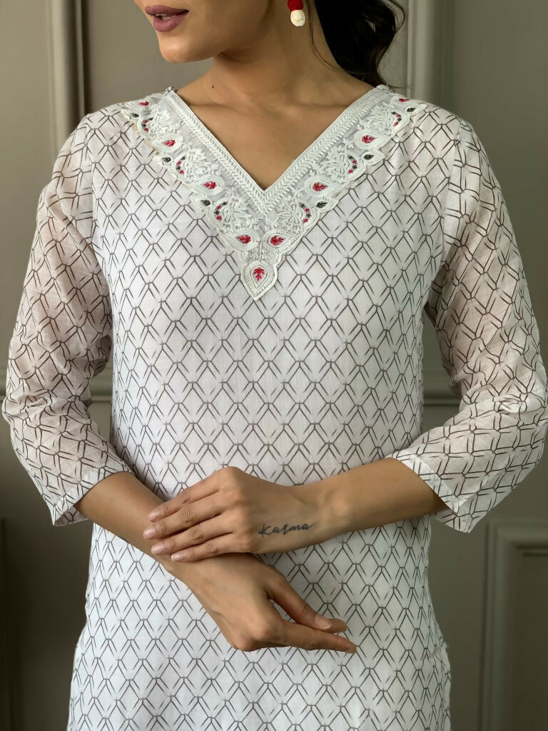 Partywear Designer Linen Cotton with cotton lining Offwhite Stitched Suit With Dupatta - Tanisha