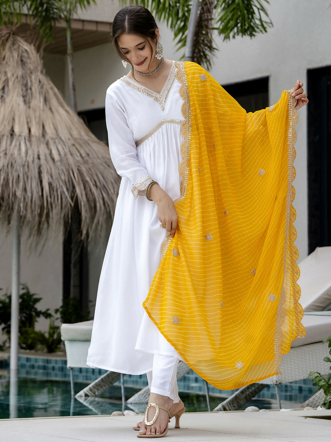 The52 White Women's Gorgeous Embroidered Chanderi Fabric Straight Kurta, Pant and Dupatta Set