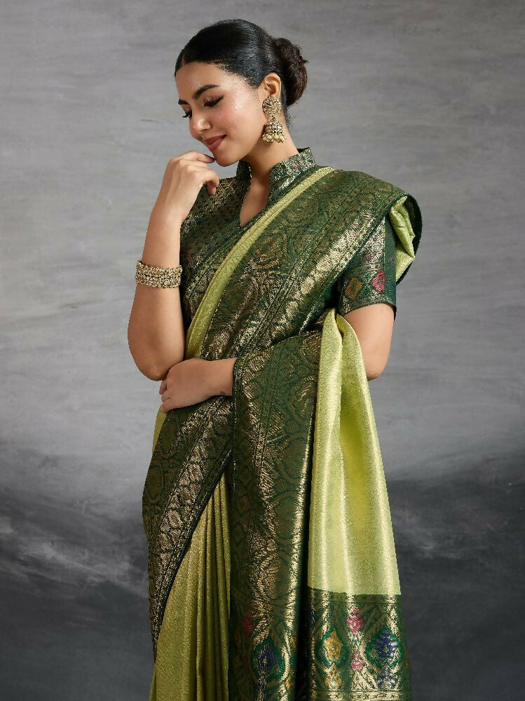 PR Fashion Green Kanjivaram Soft Silk Kadiyal Pattern Double Zari Woven Patta, Meenakari Woven Pallu Saree