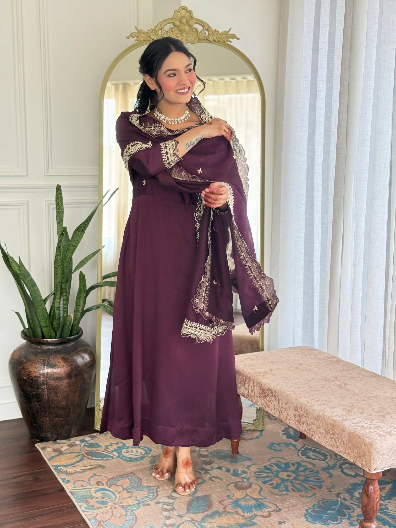 The52 Wine Women's Gorgeous Vichitra Silk Fabric Embroidered Work Flared Anarkali Pant and Dupatta Set
