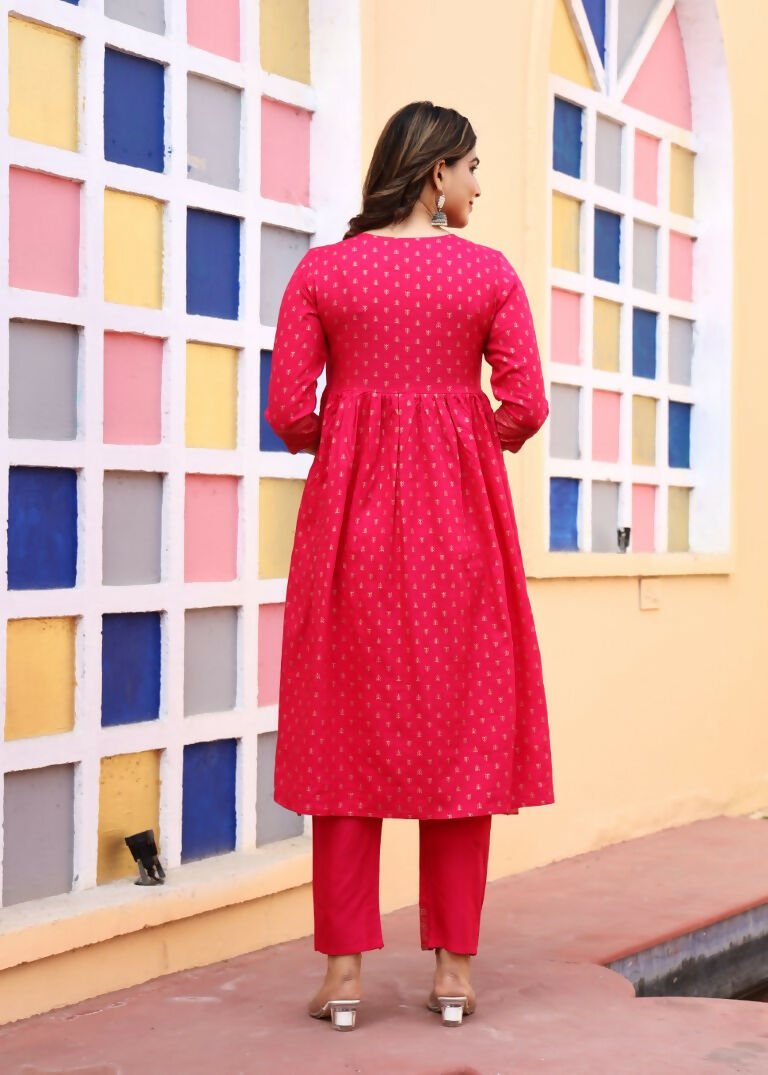 Alvano Women's A-line Naira Cut Embroidery work Print Kurti with Pant and Dupatta set Rayon (Red)