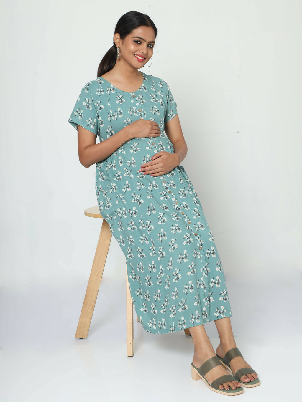 Manet Short Sleeves Maternity Dress Floral Print With Concealed Zipper Nursing Access - Green