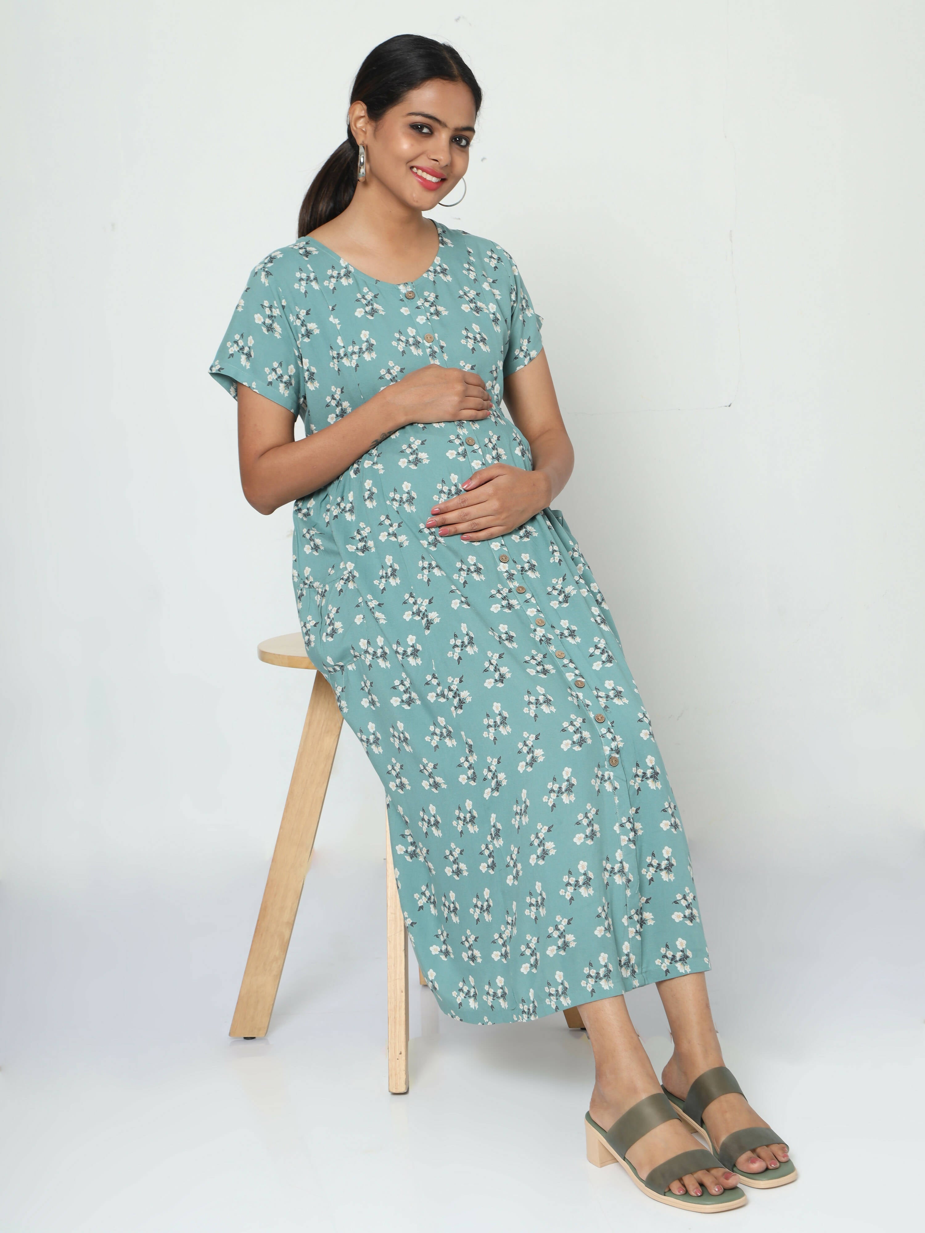 Manet Short Sleeves Maternity Dress Floral Print With Concealed Zipper Nursing Access - Green