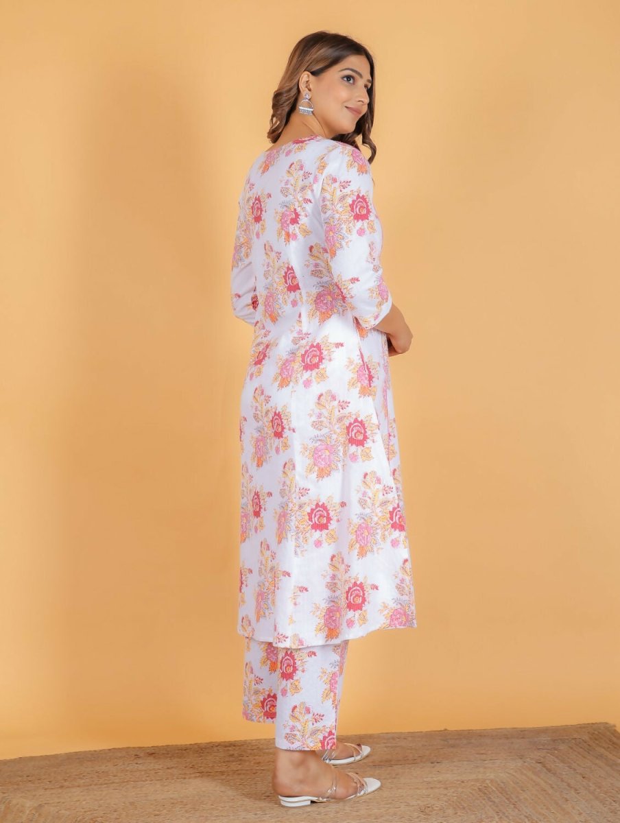 Aramya White Kantha Cotton Floral Print A-line Kurta Pant Set for Women