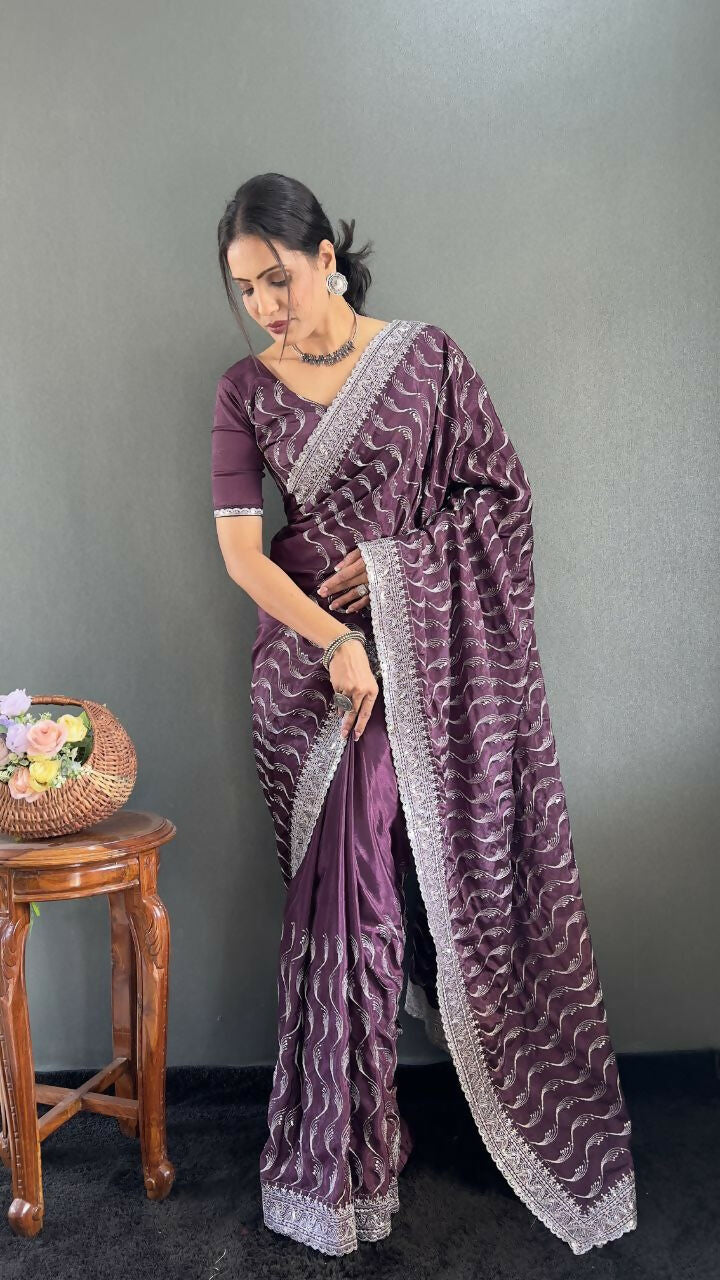 Vastranavya Purple Chinnon Silk Embroidery Multi Sequence & Arco Cut Work Ready to Wear Saree