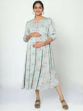 Manet Three Fourth Maternity Dress Pink Floral Print With Concealed Zipper Nursing Access - Green