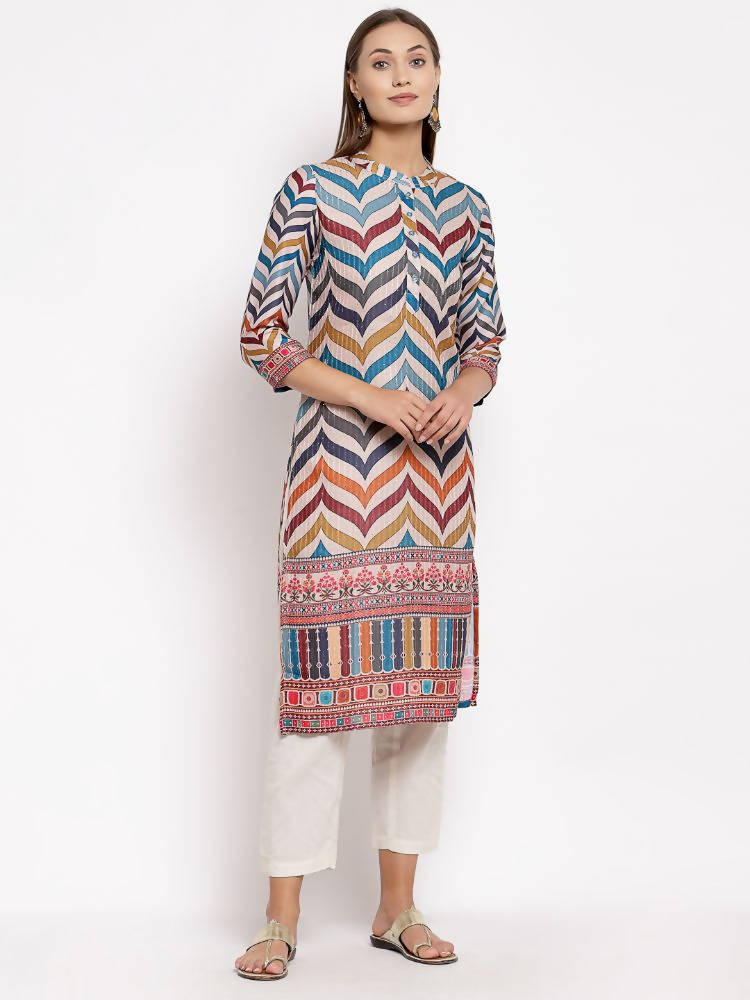 Myshka Women's Multi Silk Printed 3/4 Sleeve Round Neck Casual Kurta