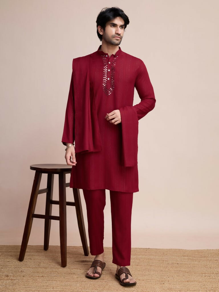 Vastranavya Traditional Festival Wear Viscose Thread & Sequence Embroidered Work Kurta Pant Set - Maroon