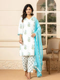 Yufta White And Sky Blue Cotton Floral Print Kurta Dupatta Set