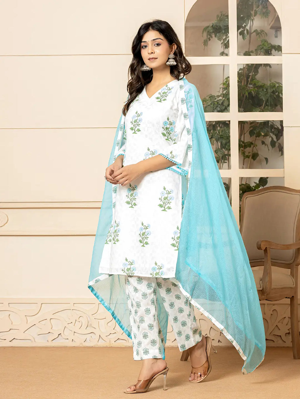 Yufta White And Sky Blue Cotton Floral Print Kurta Dupatta Set