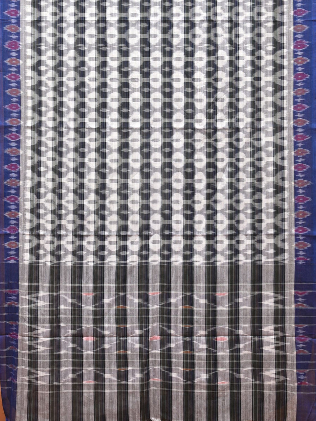 White and Black Pochampally Ikat Cotton Handloom Saree with Strips Design No Blouse - Global Threads