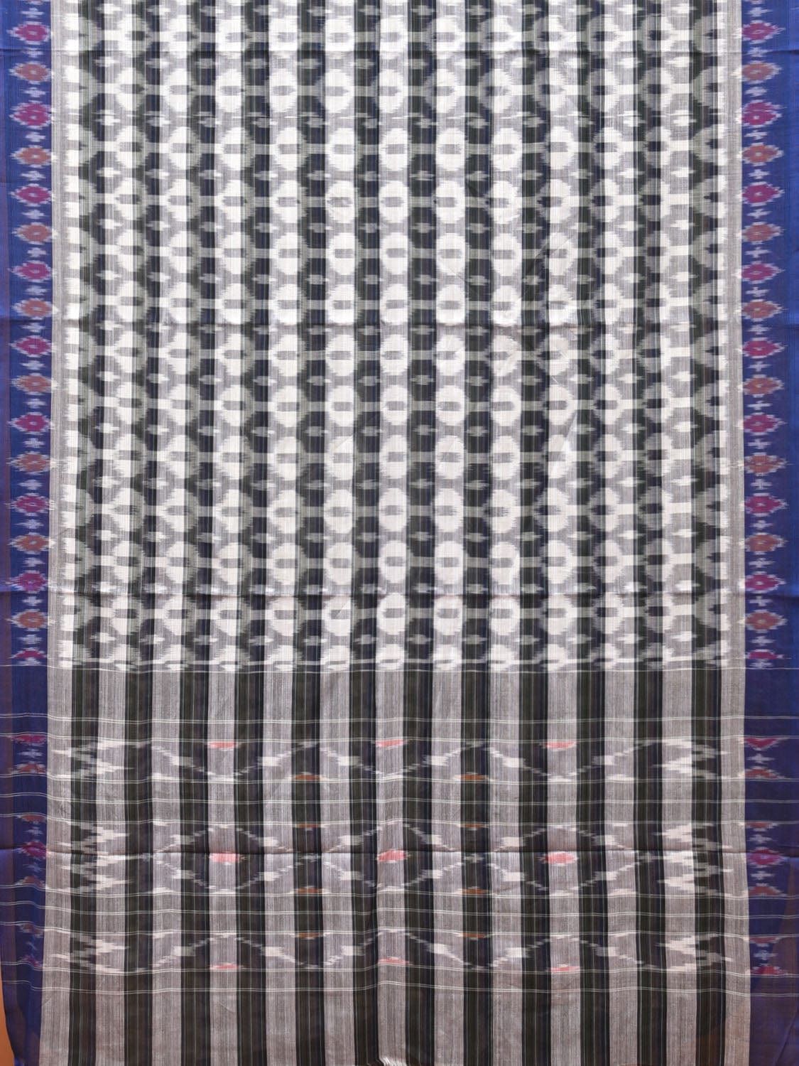 White and Black Pochampally Ikat Cotton Handloom Saree with Strips Design No Blouse - Global Threads