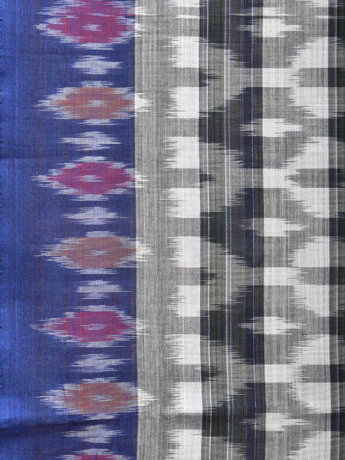 White and Black Pochampally Ikat Cotton Handloom Saree with Strips Design No Blouse - Global Threads