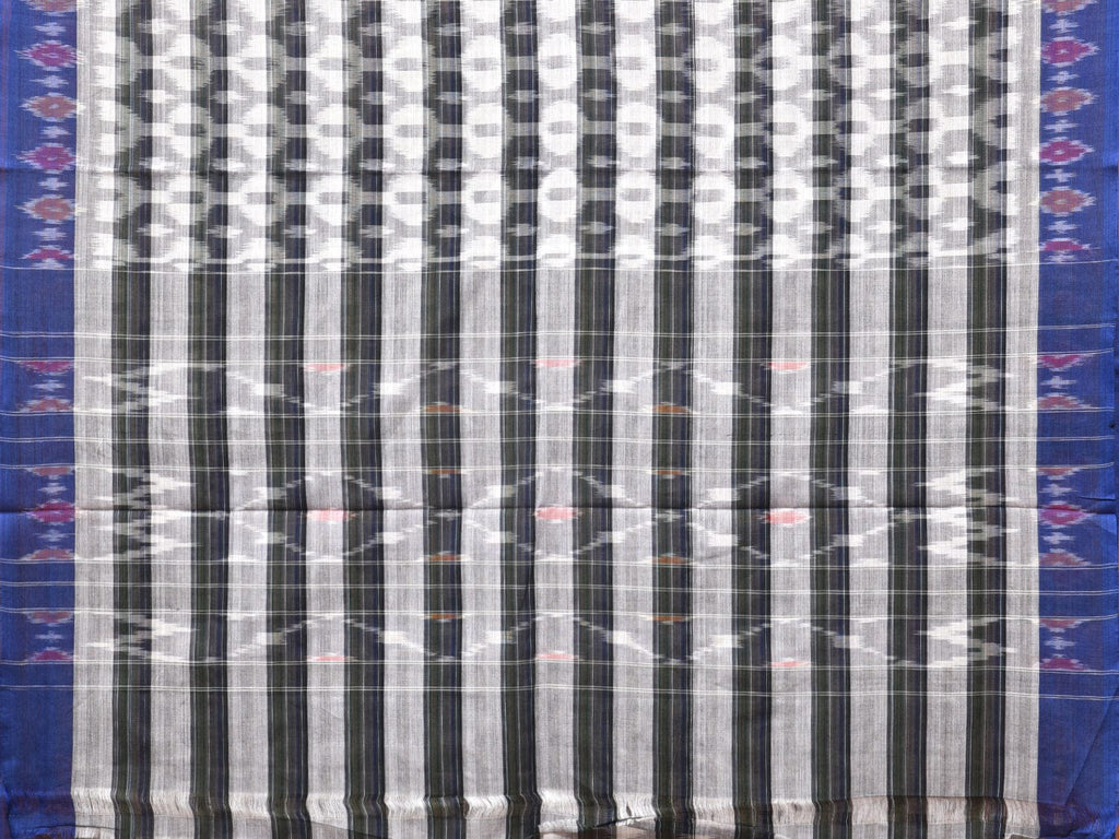 White and Black Pochampally Ikat Cotton Handloom Saree with Strips Design No Blouse - Global Threads
