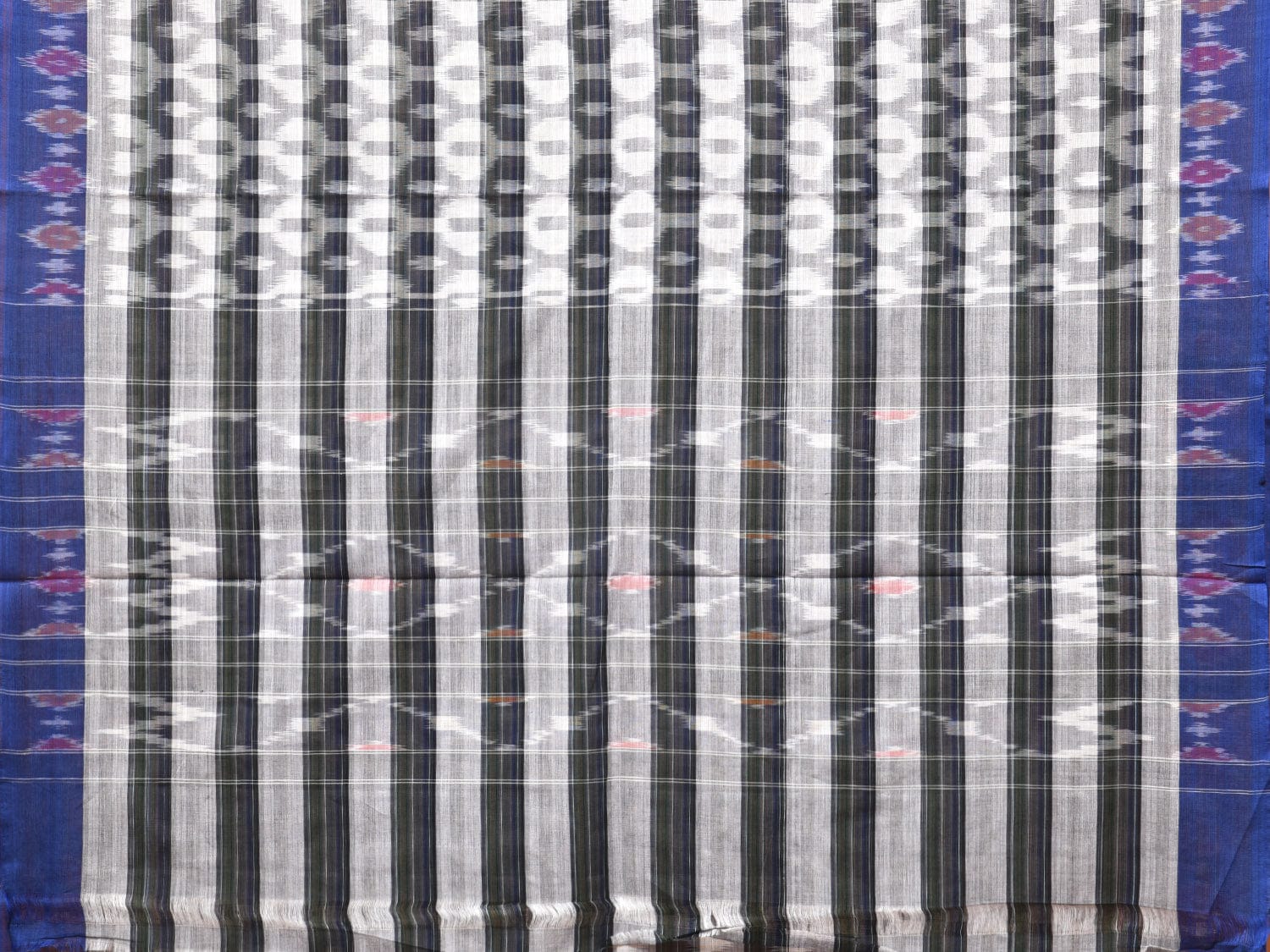 White and Black Pochampally Ikat Cotton Handloom Saree with Strips Design No Blouse - Global Threads
