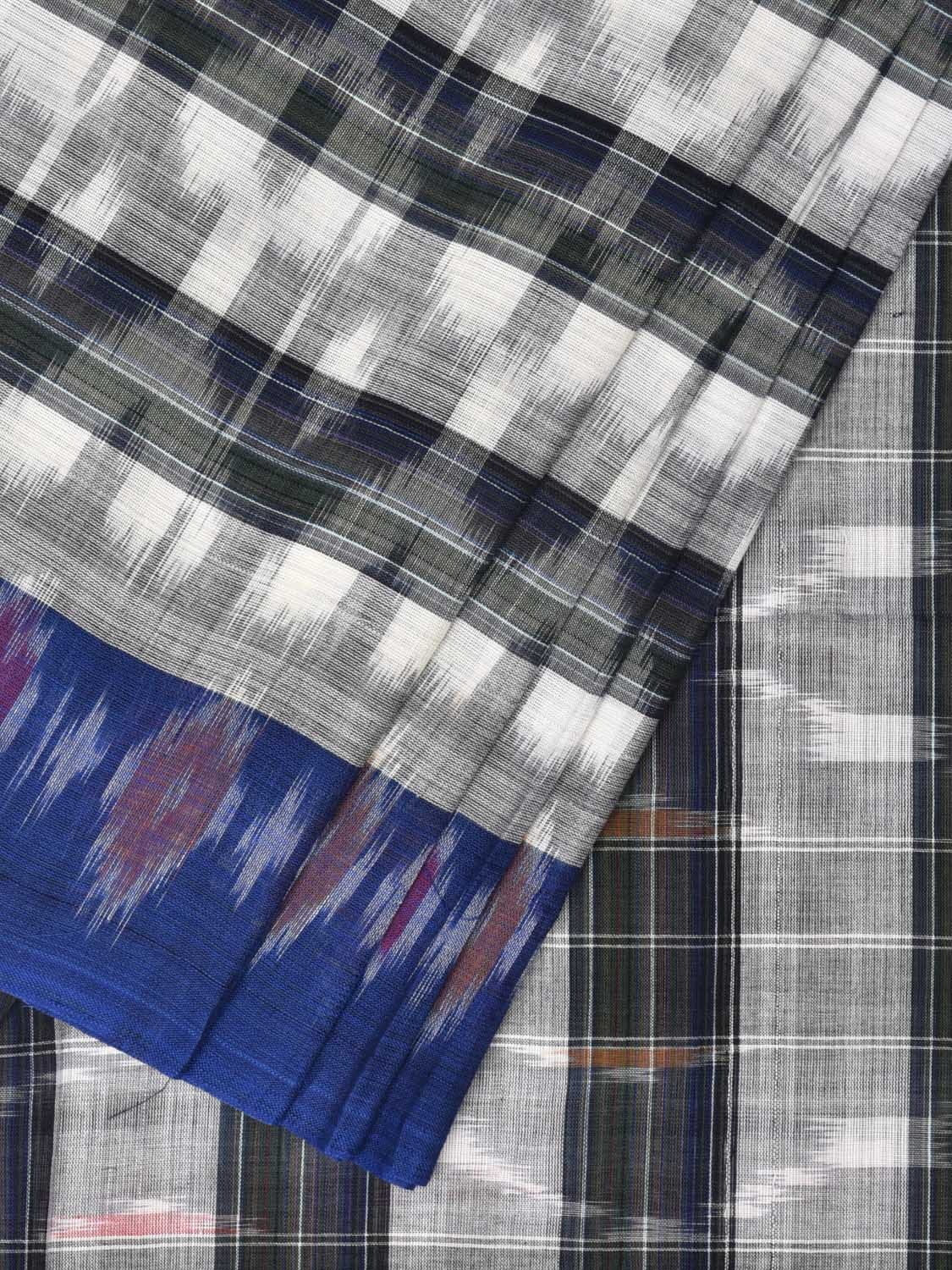 White and Black Pochampally Ikat Cotton Handloom Saree with Strips Design No Blouse - Global Threads