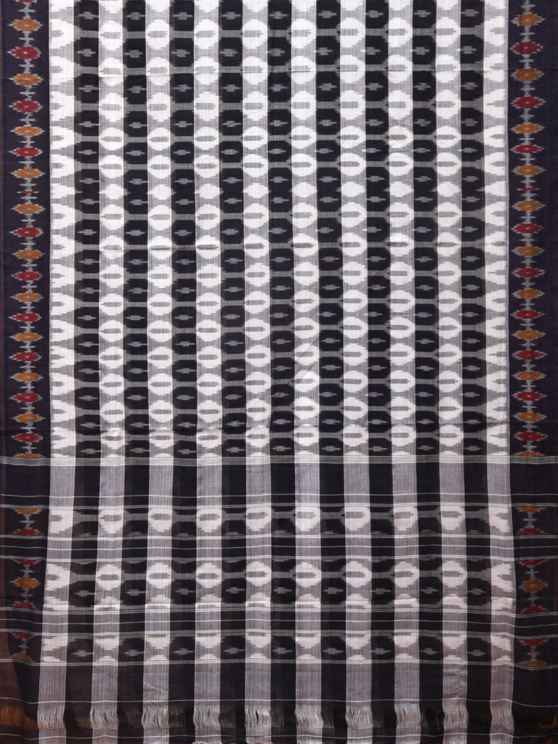 White and Black Pochampally Ikat Cotton Handloom Saree with Strips Design No Blouse - Global Threads