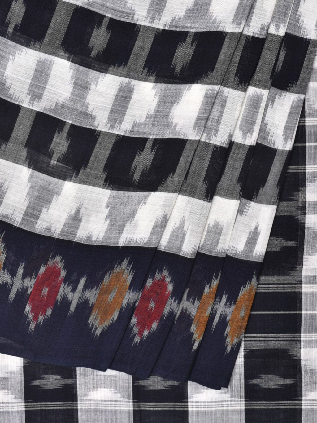 White and Black Pochampally Ikat Cotton Handloom Saree with Strips Design No Blouse - Global Threads