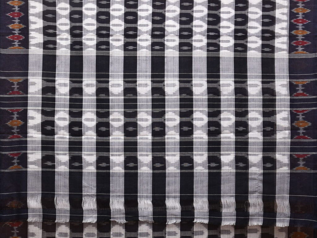 White and Black Pochampally Ikat Cotton Handloom Saree with Strips Design No Blouse - Global Threads