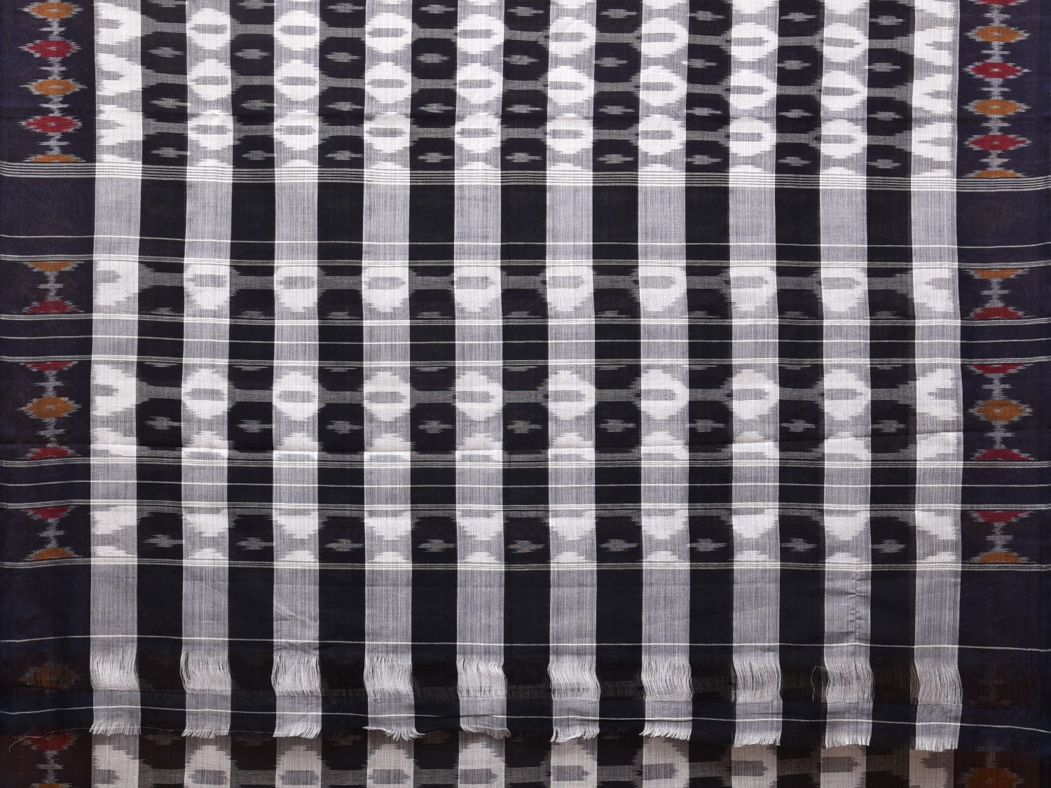 White and Black Pochampally Ikat Cotton Handloom Saree with Strips Design No Blouse - Global Threads