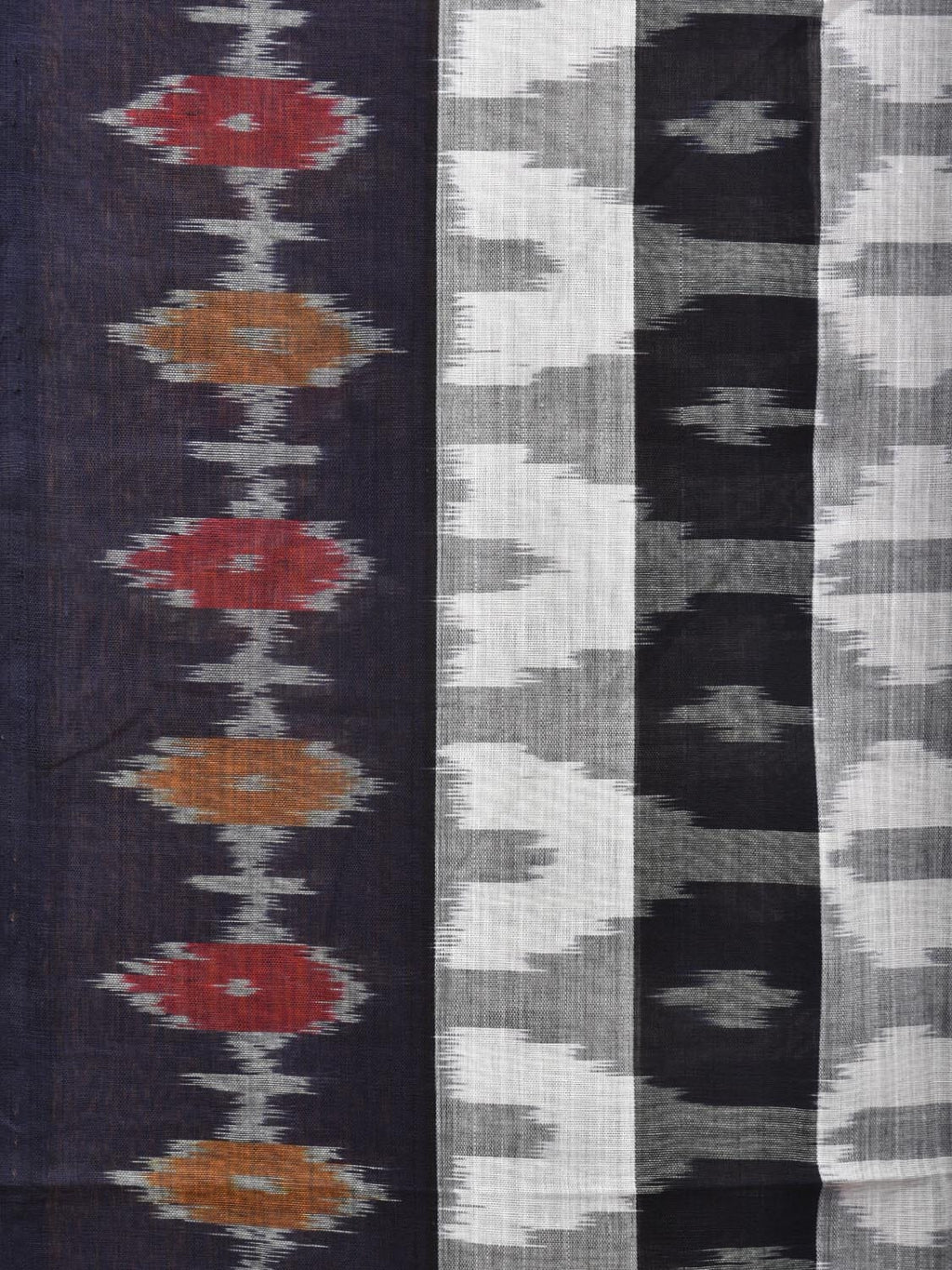 White and Black Pochampally Ikat Cotton Handloom Saree with Strips Design No Blouse - Global Threads