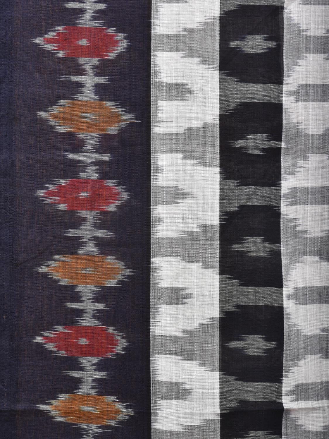 White and Black Pochampally Ikat Cotton Handloom Saree with Strips Design No Blouse - Global Threads