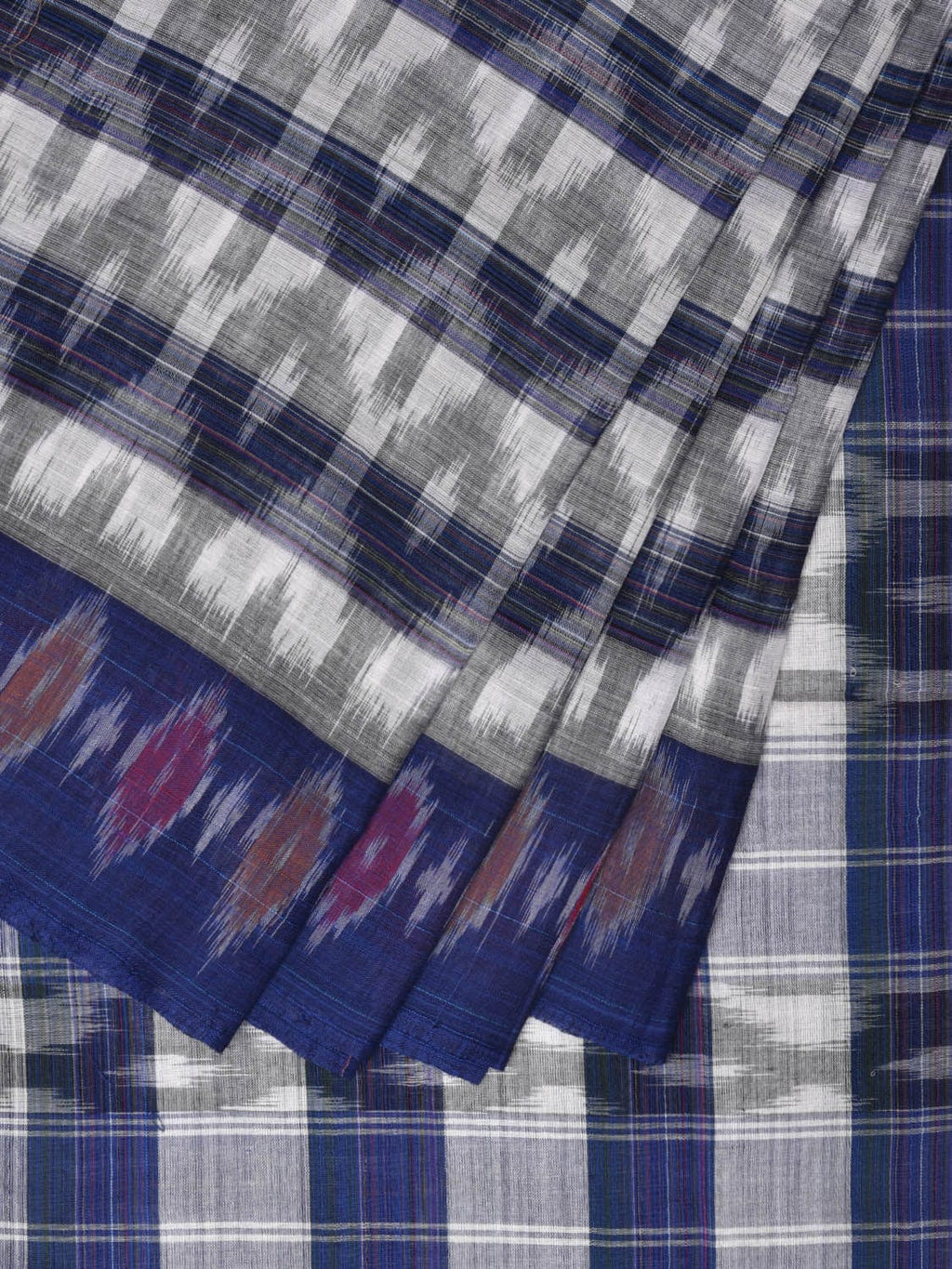 White and Blue Pochampally Ikat Cotton Handloom Saree with Strips Design No Blouse - Global Threads