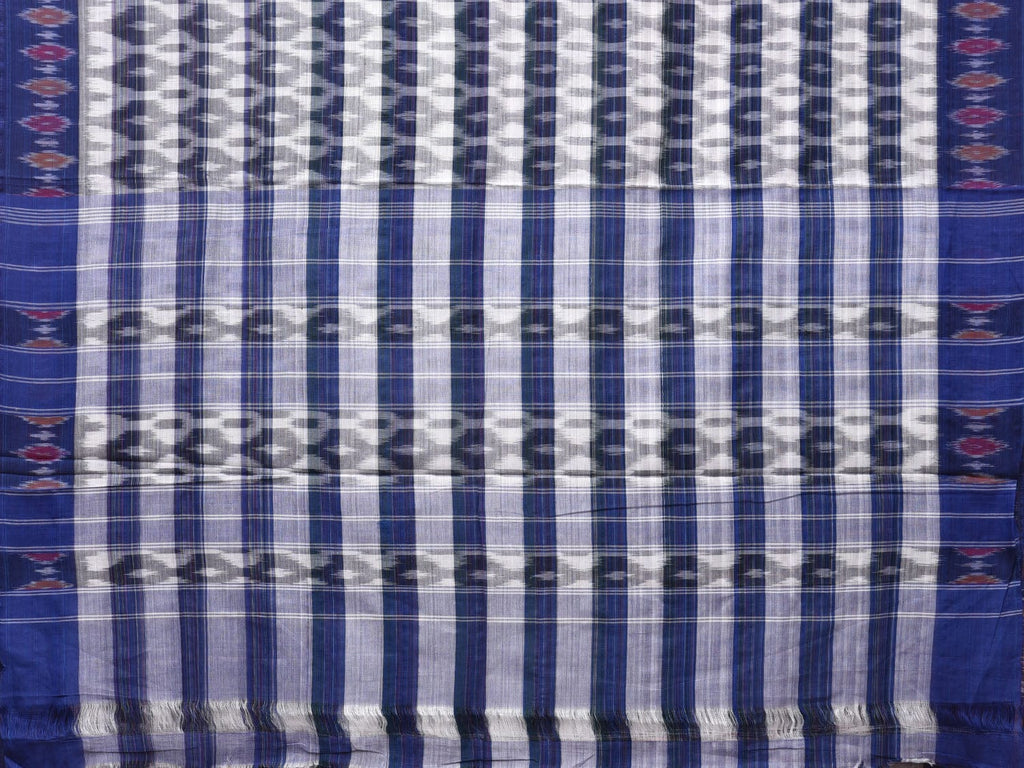 White and Blue Pochampally Ikat Cotton Handloom Saree with Strips Design No Blouse - Global Threads