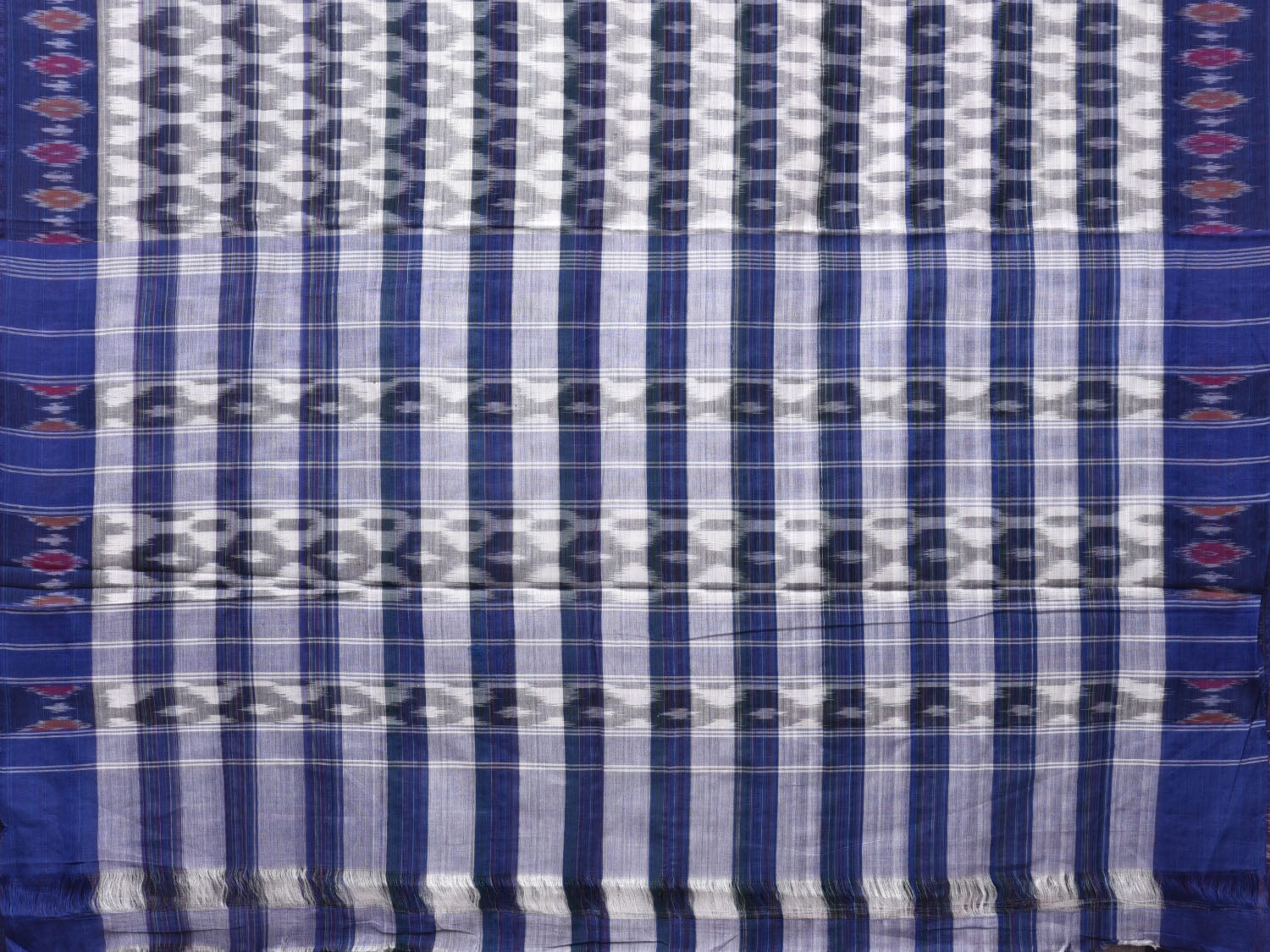 White and Blue Pochampally Ikat Cotton Handloom Saree with Strips Design No Blouse - Global Threads
