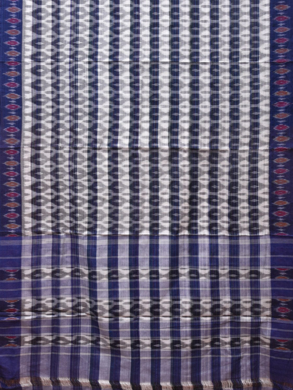 White and Blue Pochampally Ikat Cotton Handloom Saree with Strips Design No Blouse - Global Threads