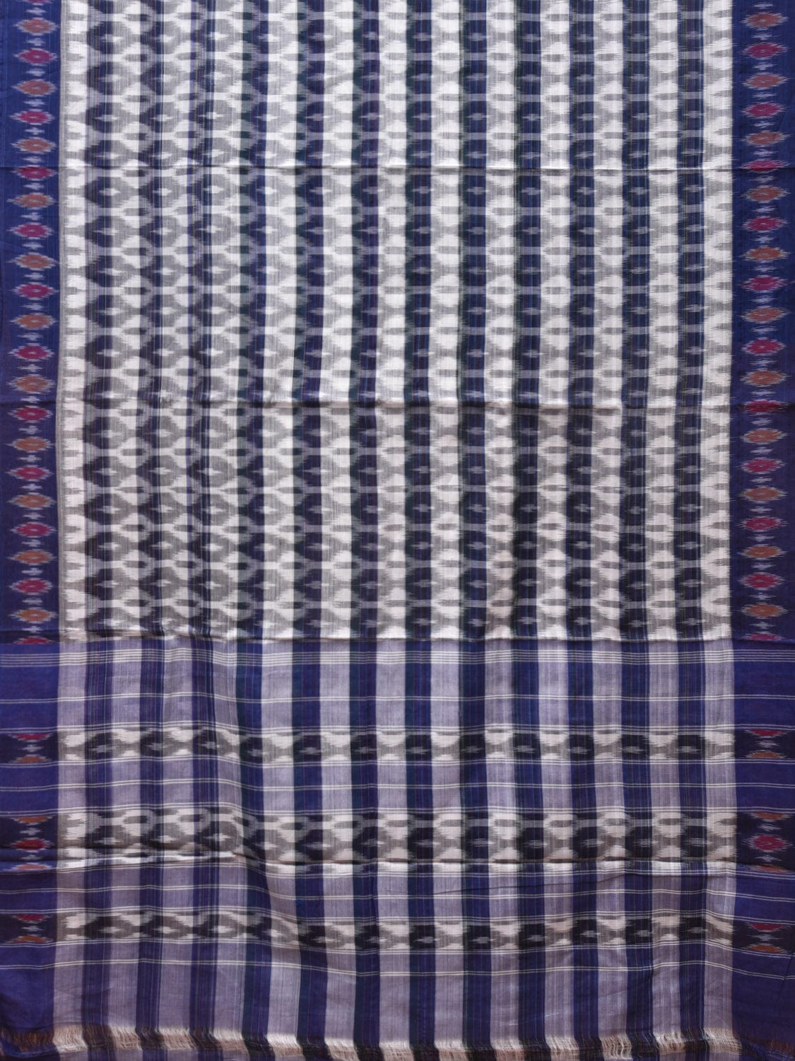 White and Blue Pochampally Ikat Cotton Handloom Saree with Strips Design No Blouse - Global Threads