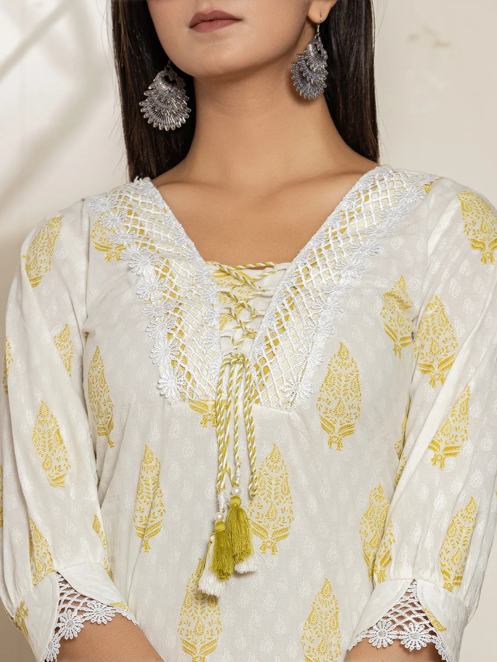 Yufta White & Green Floral Cotton Straight Suit Set
