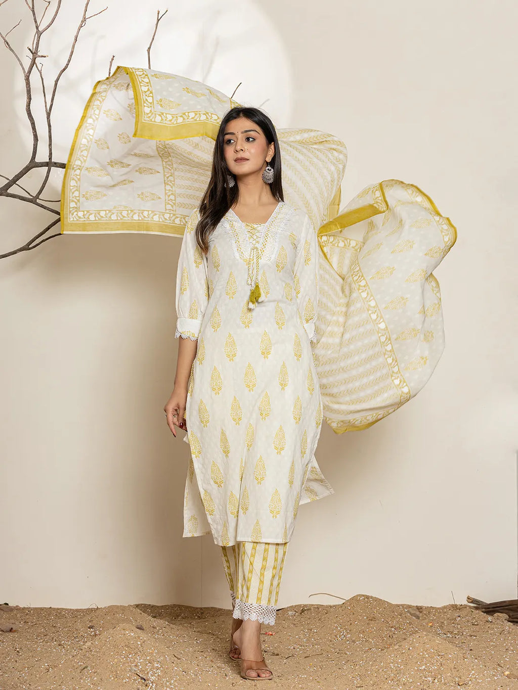 Yufta White & Green Floral Cotton Straight Suit Set