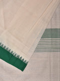 White and Green Khadi Cotton Handloom Plain Saree with Temple Border Design - Global Threads