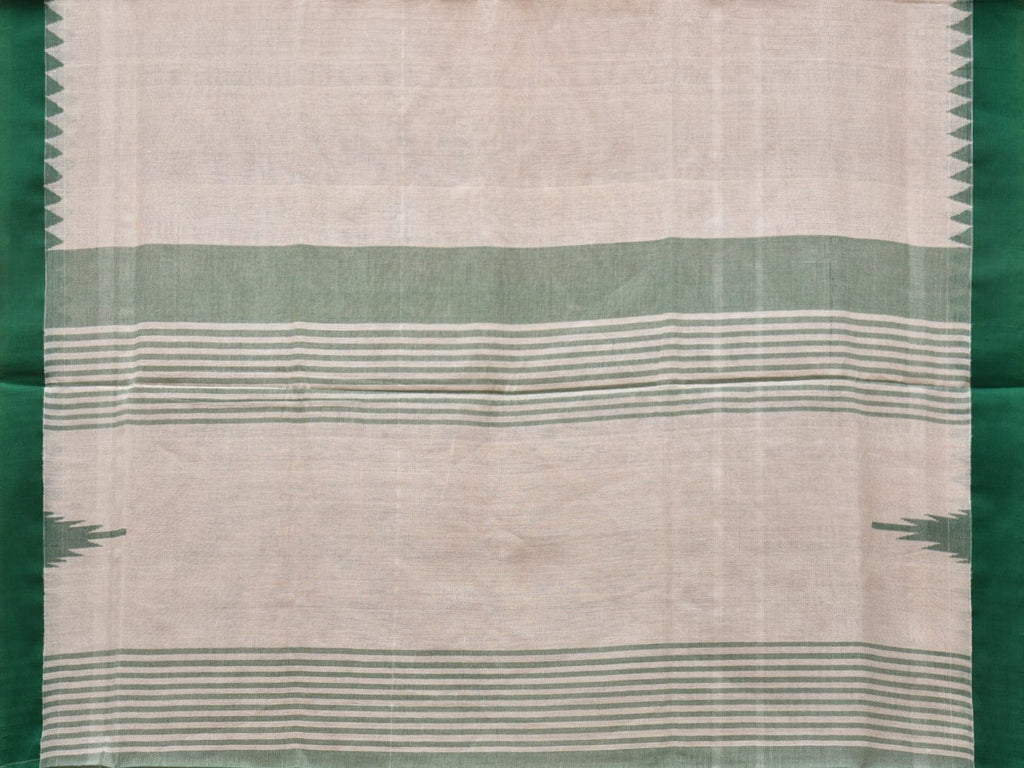 White and Green Khadi Cotton Handloom Plain Saree with Temple Border Design - Global Threads