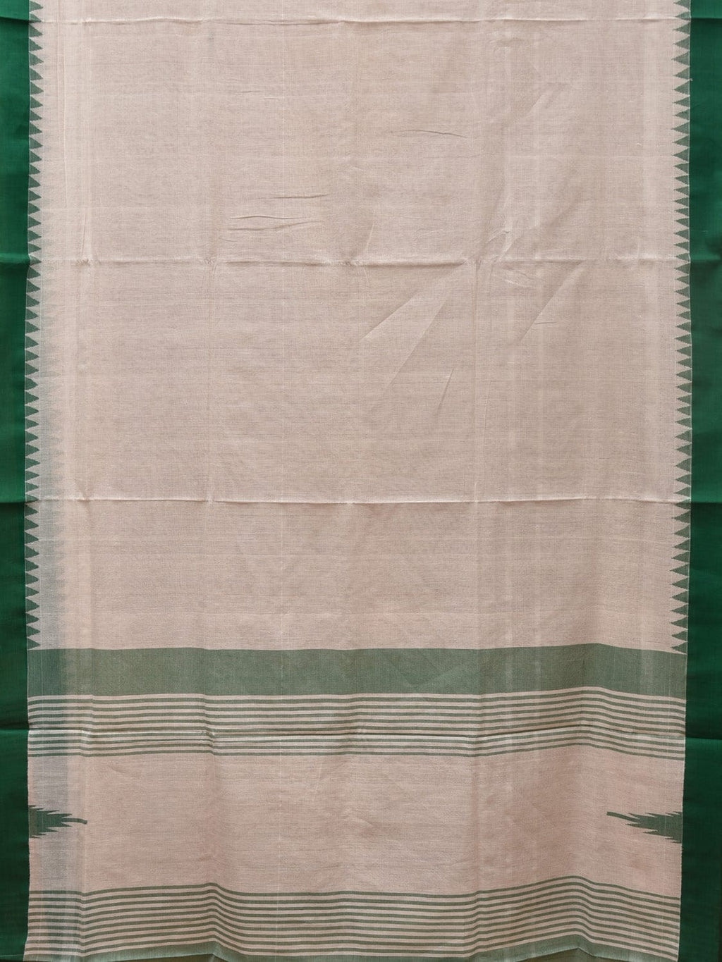 White and Green Khadi Cotton Handloom Plain Saree with Temple Border Design - Global Threads