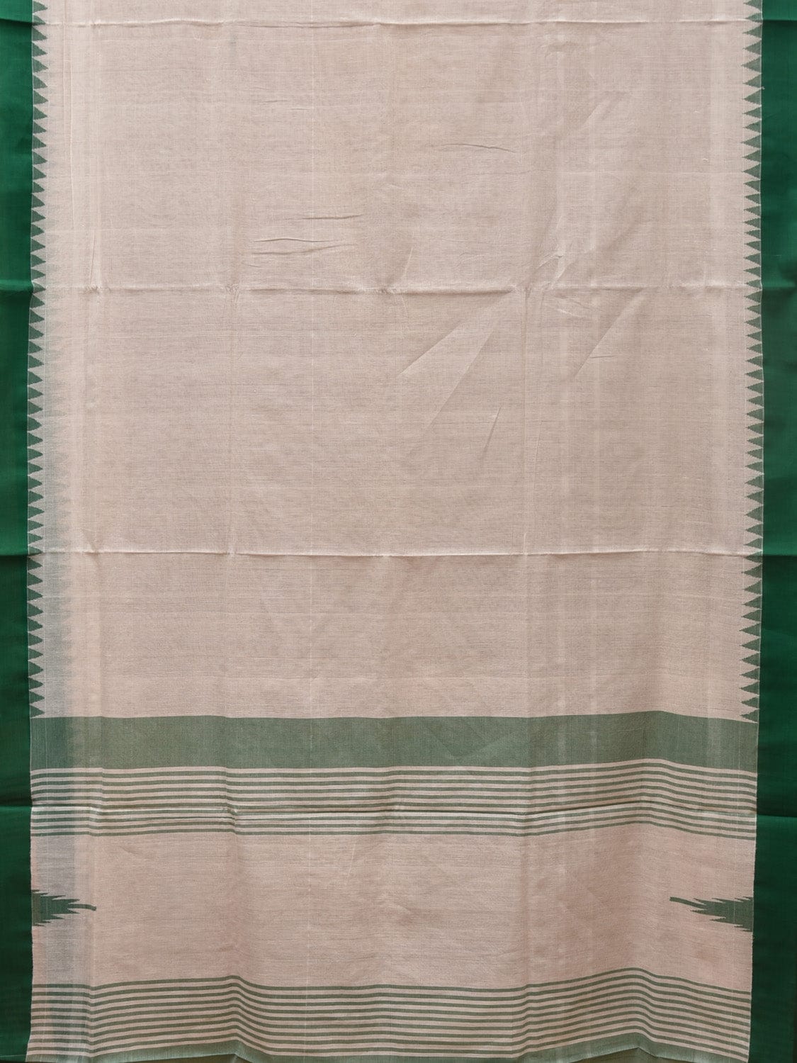White and Green Khadi Cotton Handloom Plain Saree with Temple Border Design - Global Threads