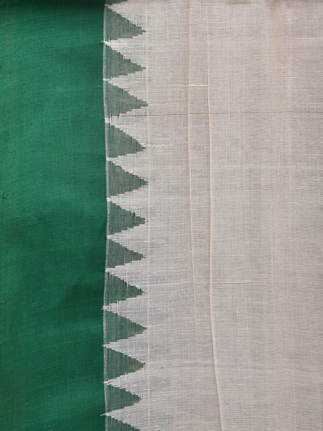 White and Green Khadi Cotton Handloom Plain Saree with Temple Border Design - Global Threads