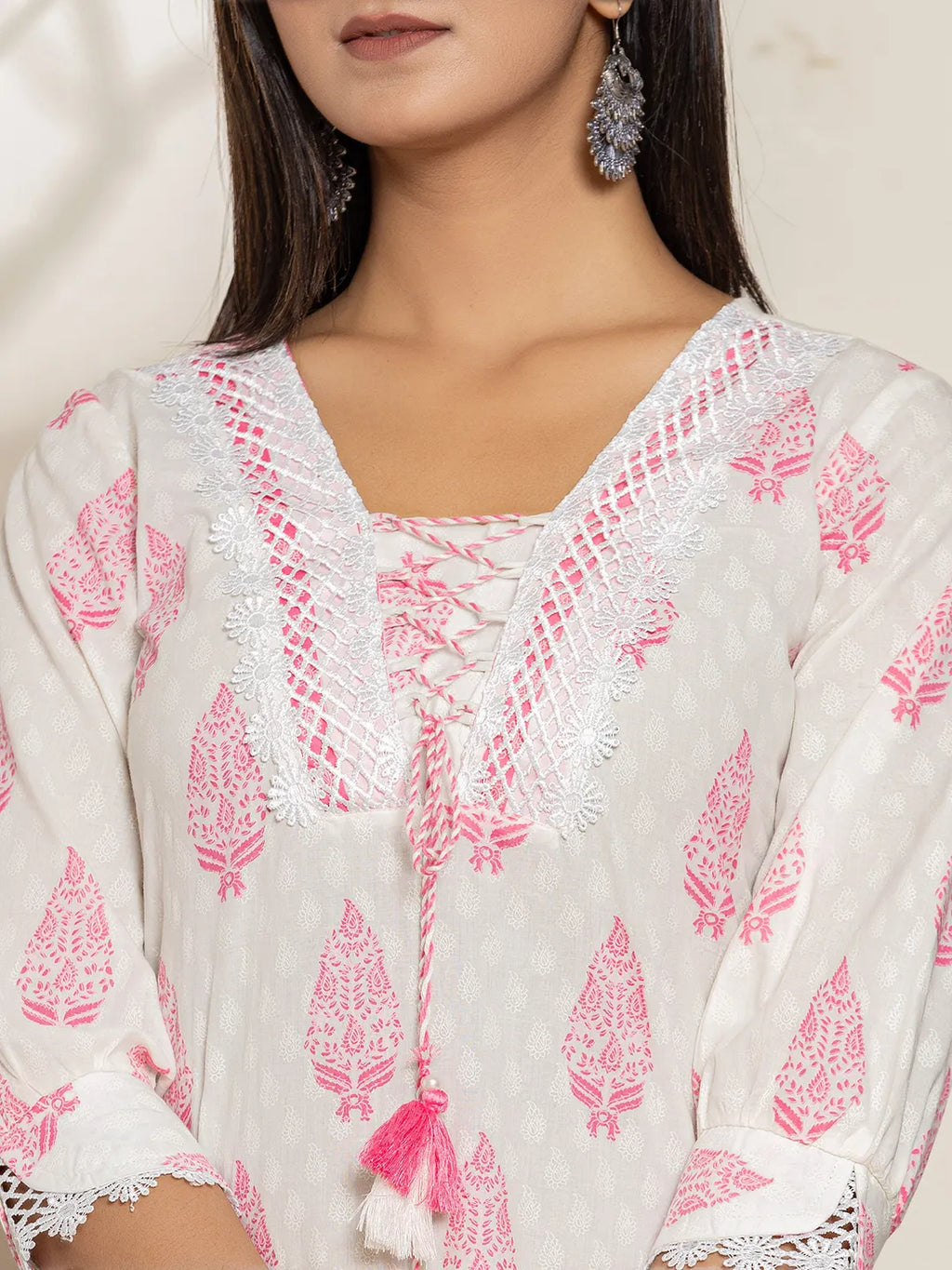 Yufta White And Pink Floral Print Cotton Straight Kurta Dupatta Set